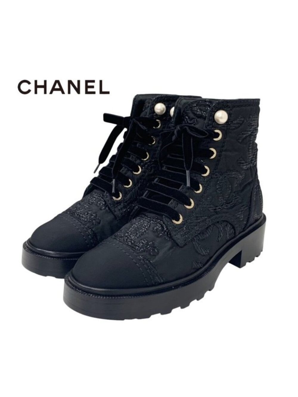 Chanel Boots Short Shoes Fabric Black Coco Mark Lace Up Pearl - Picture 2 of 10
